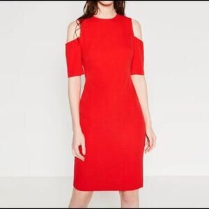 Zara Cut Out Cold Shoulders Holiday Party Shift Midi Dress Red Size Small Xmas